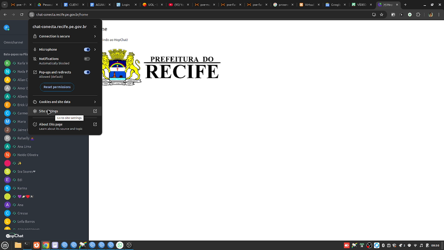 Menu de permissões