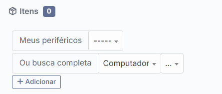 Tela do GLPI na aba Itens mostrando a seleção Computador e o botão Adicionar para associar ativo ao chamado