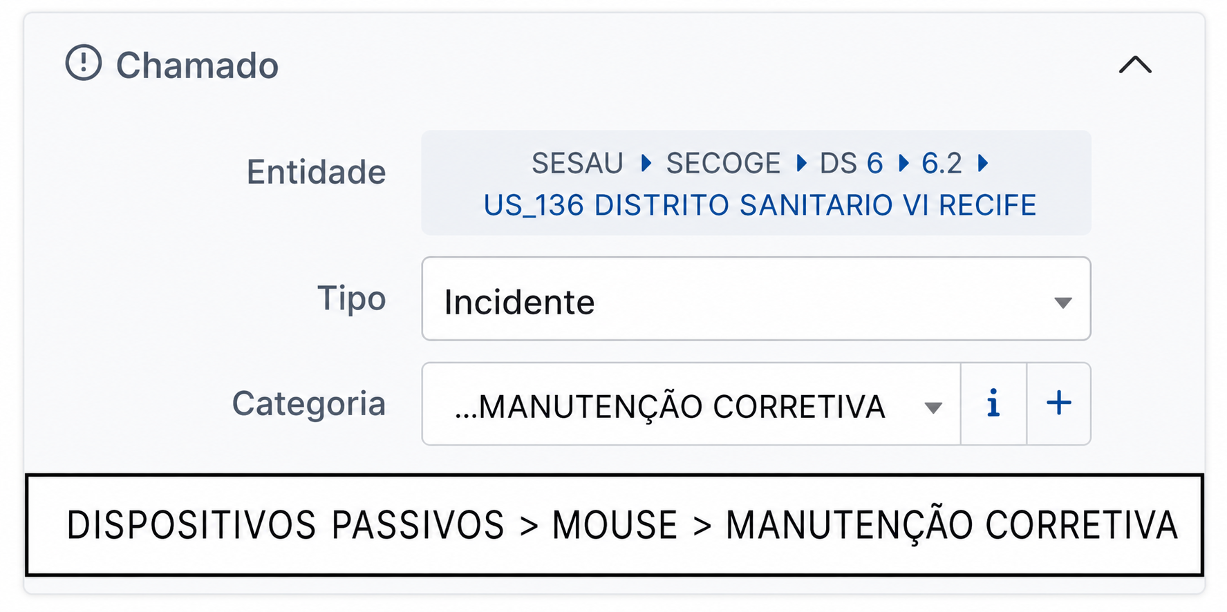 Campo Categoria do GLPI preenchido com Dispositivos Passivos, Mouse e Manutenção Corretiva