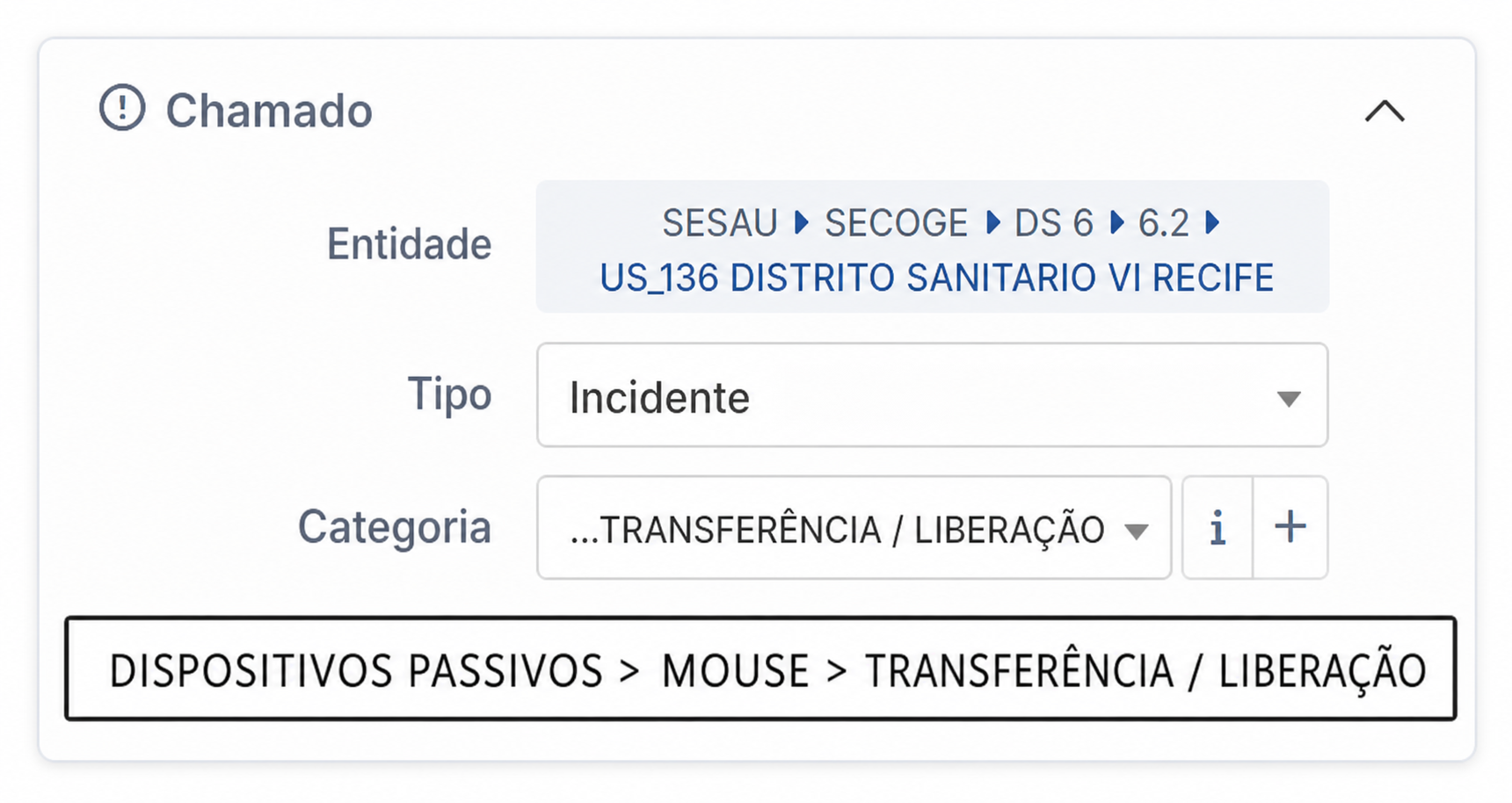 Campo Categoria do GLPI preenchido com Dispositivos Passivos, Mouse e Transferência / Liberação