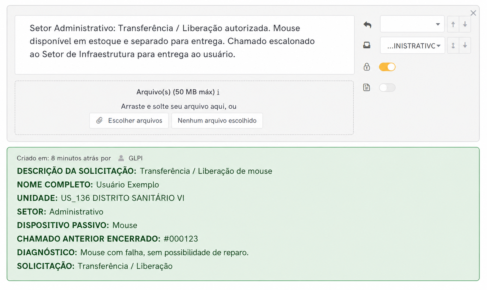 Exemplo de subchamado preenchido e resposta do Setor Administrativo autorizando Transferência / Liberação